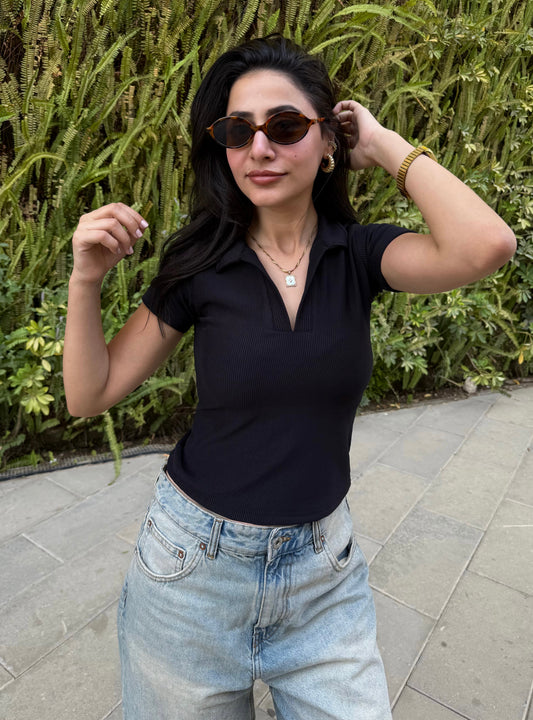 Ribbed Polo Top - Black