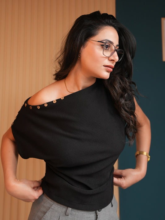 Ribbed One-Shoulder Button Detail Top - Black