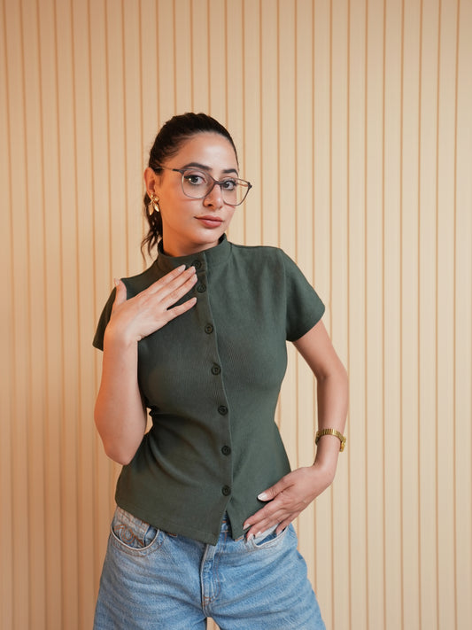 Ribbed Mock Neck Top – Army Green