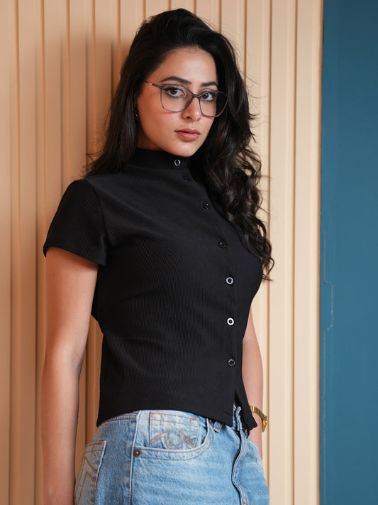Ribbed Mock Neck Top – Black
