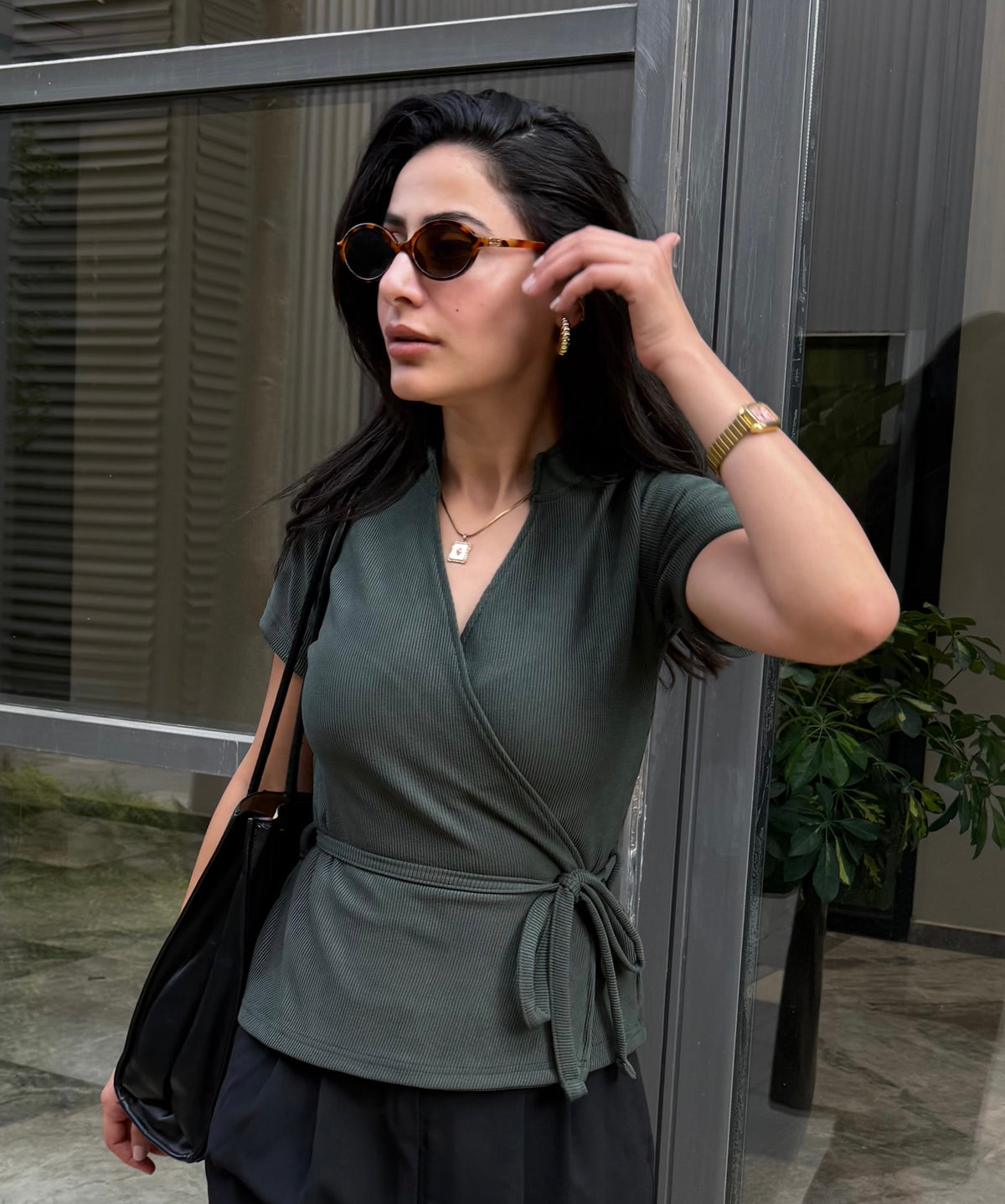 Ribbed V-Neck Wrap Top - Army Green