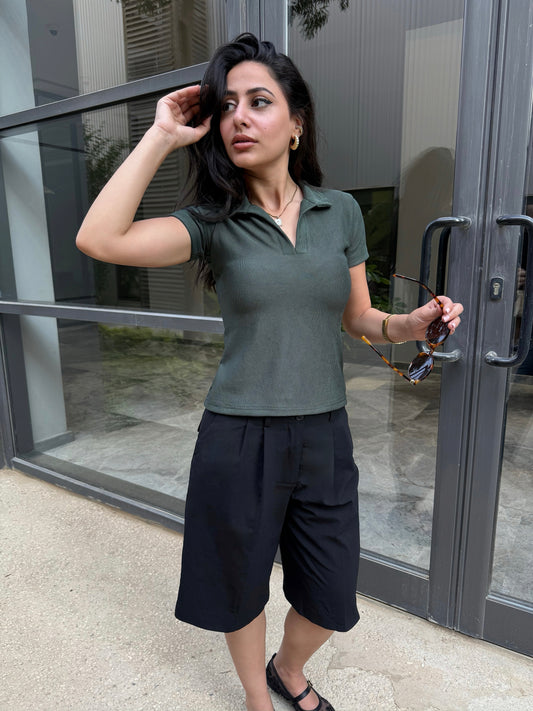 Ribbed Polo Top - Army Green