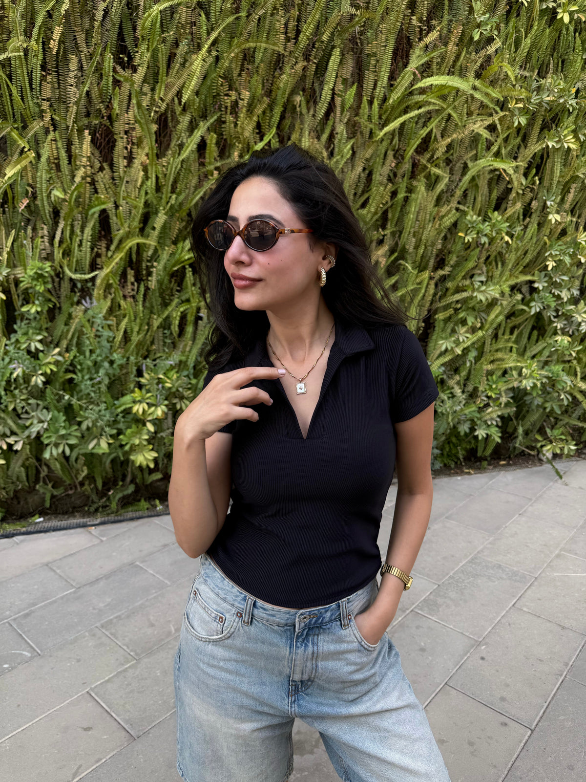 Ribbed Polo Top - Black