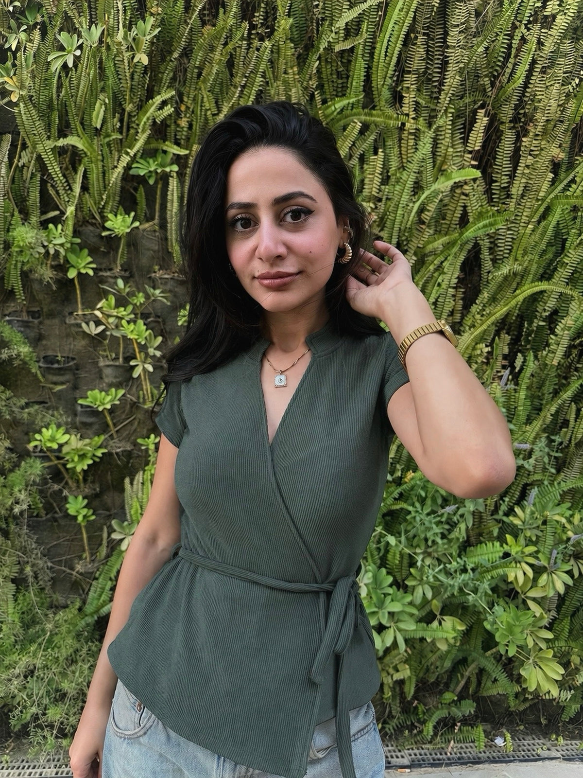 Ribbed V-Neck Wrap Top - Army Green