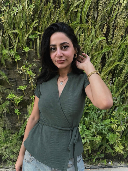 Ribbed V-Neck Wrap Top - Army Green