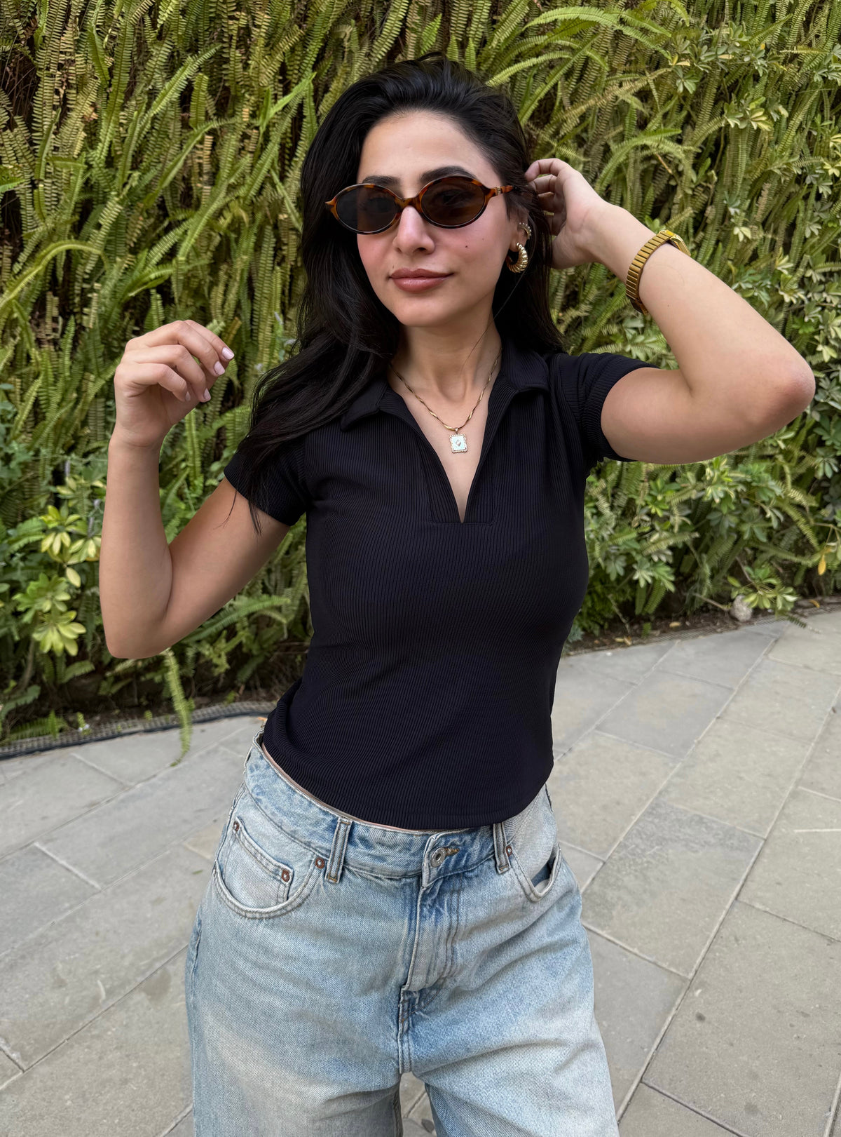 Ribbed Polo Top - Black