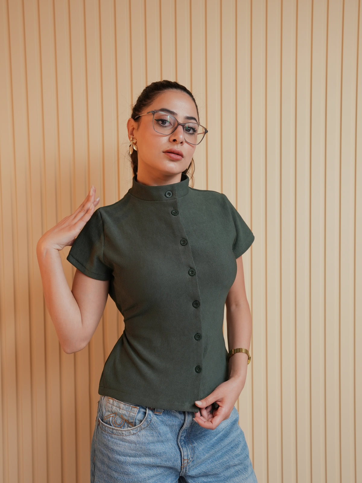 Ribbed Mock Neck Top – Army Green