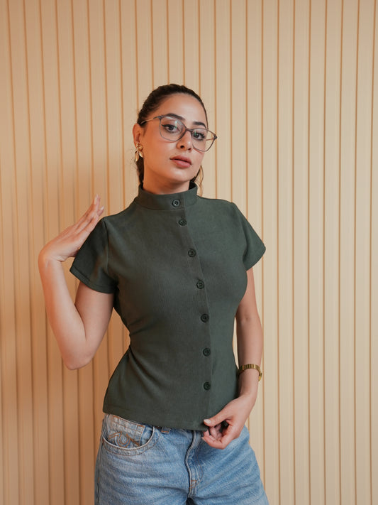 Ribbed Mock Neck Top – Army Green