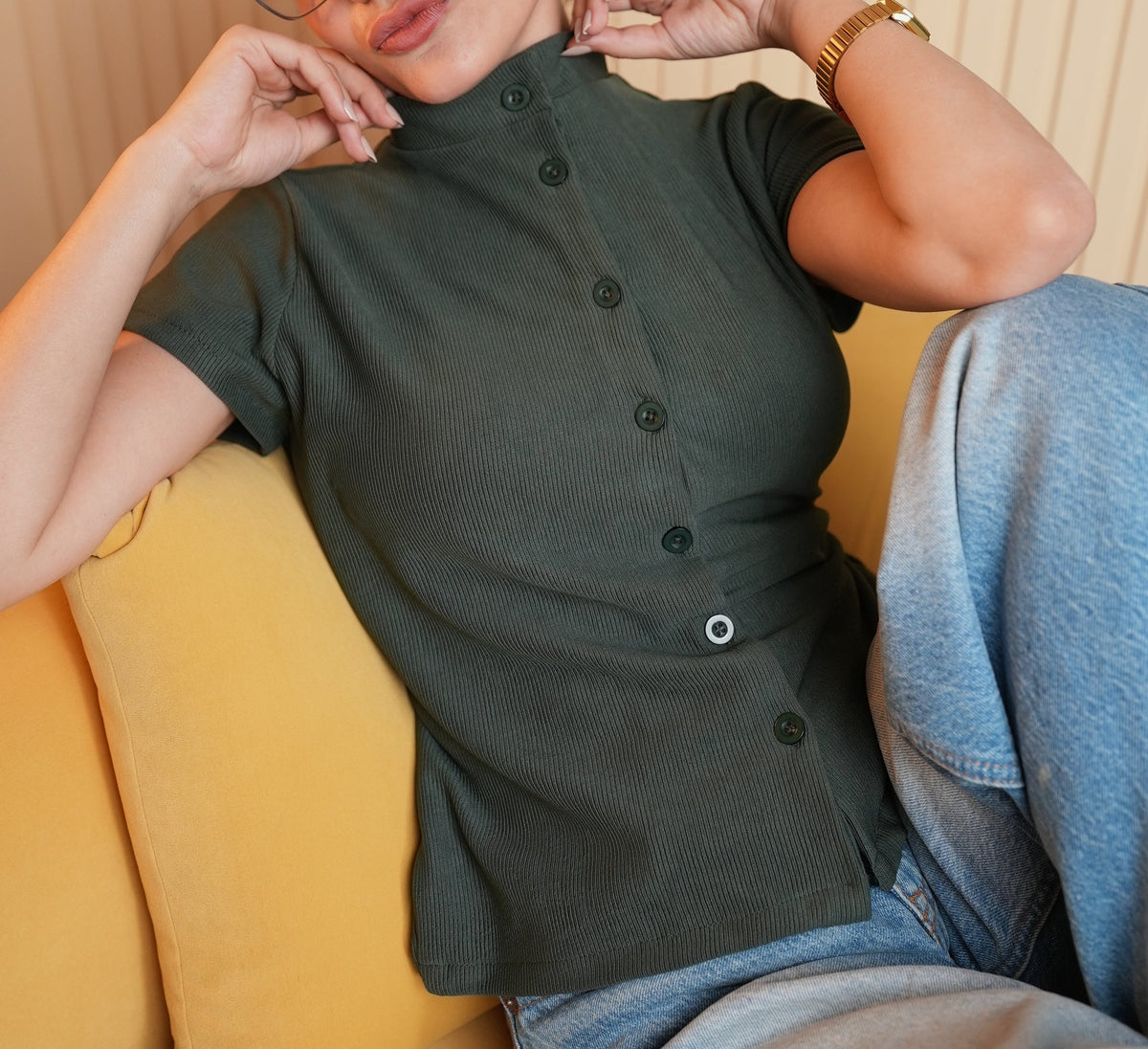 Ribbed Mock Neck Top – Army Green