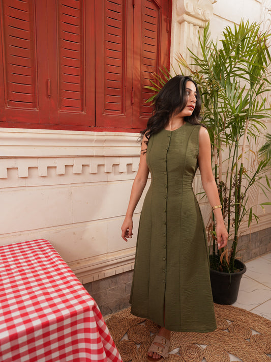 Army Green Front Button Sleeveless Dress
