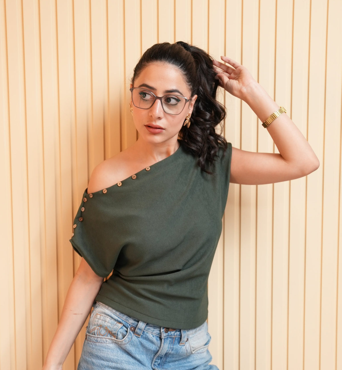Ribbed One-Shoulder Button Detail Top - Army Green