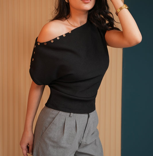 Ribbed One-Shoulder Button Detail Top - Black