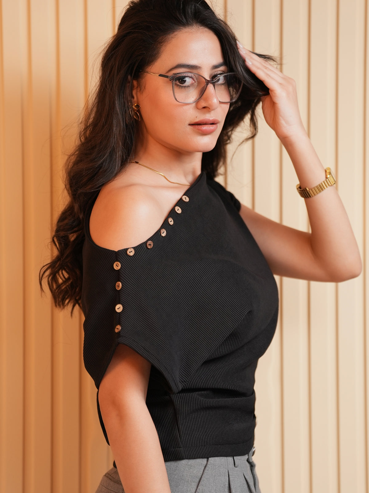 Ribbed One-Shoulder Button Detail Top - Black