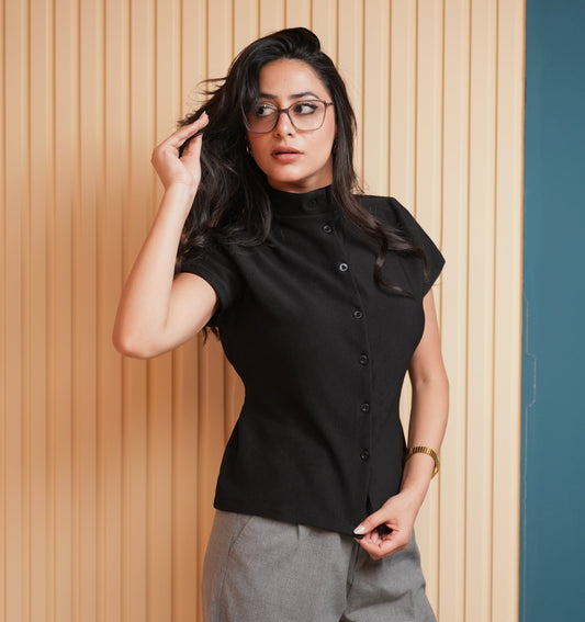 Ribbed Mock Neck Top – Black