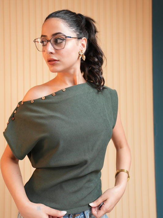 Ribbed One-Shoulder Button Detail Top - Army Green