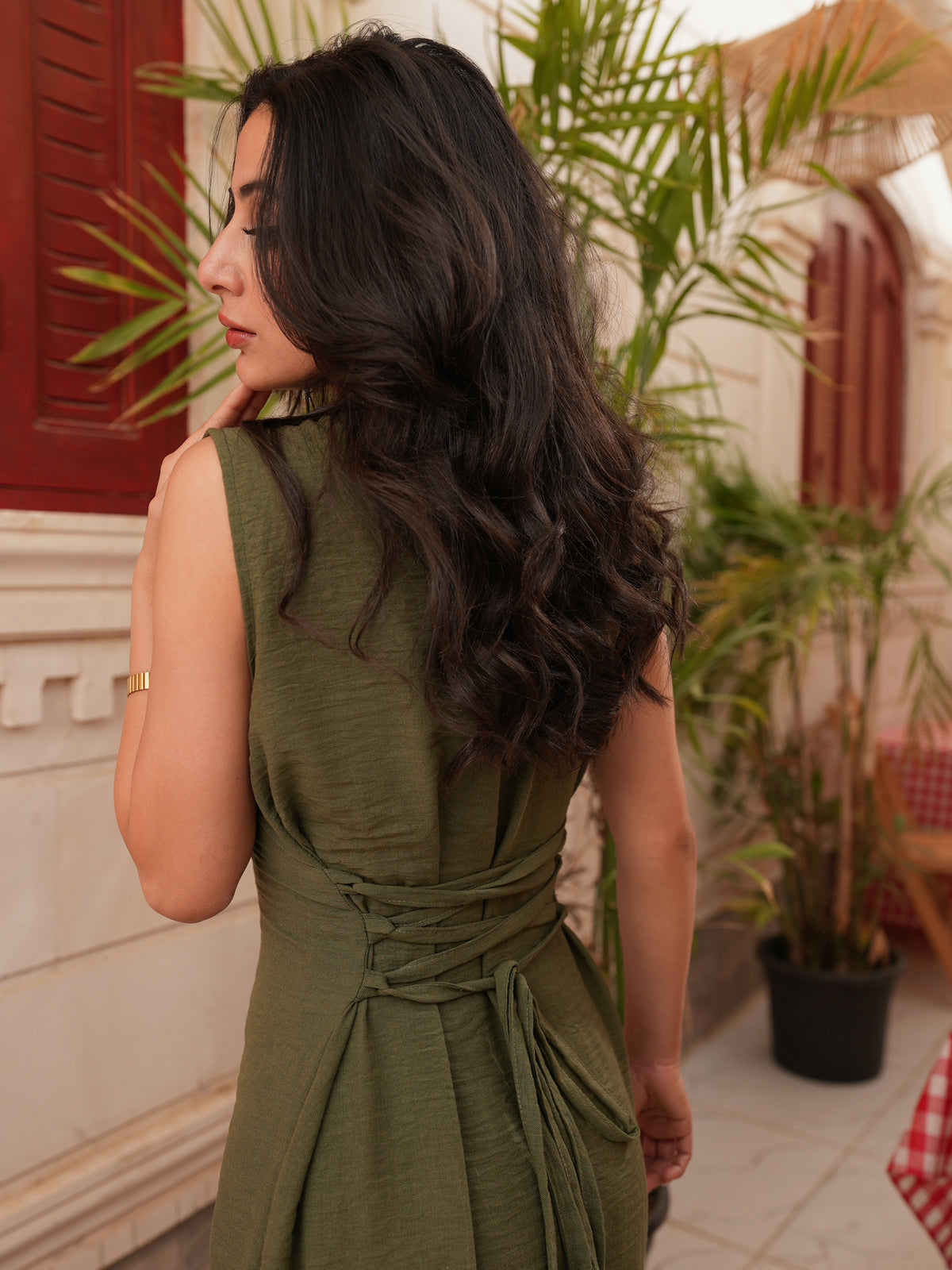 Army Green Front Button Sleeveless Dress