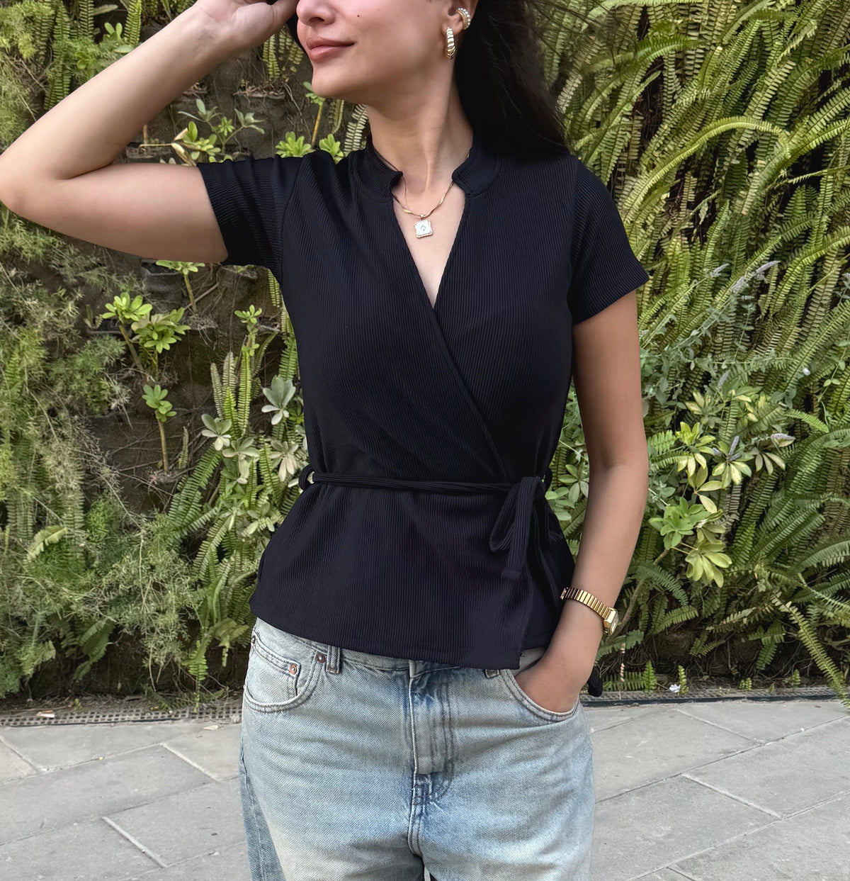 Ribbed V-Neck Wrap Top - Black