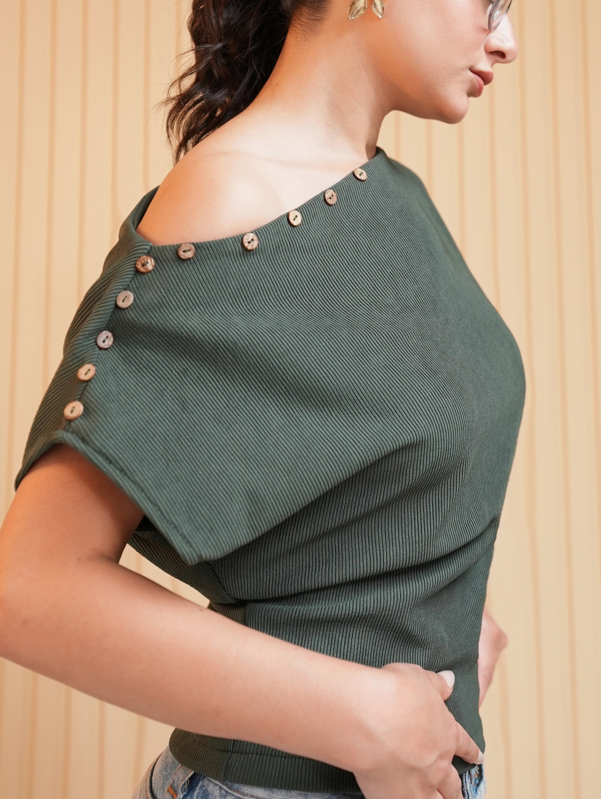 Ribbed One-Shoulder Button Detail Top - Army Green